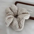 White chunky knit hair scrunchie, soft wool fabric ponytail holder, chic French style hair accessory. - Hair Tie / Beige