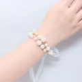 Pearl wrist flower wedding bridal bracelet bridesmaid hand flower elegant white ribbon - White (001)
