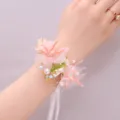 Roze Bloemen Polscorsage Bruiloft Parel Lint Armband Bruidsmeisje Accessoire Feest - Roze (37)