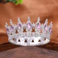 Sparkling full circle alloy tiara crown with pink teardrop crystal rhinestones for bridal. - Silver Pink