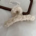 Fluffy plush hair claw clip for women, large autumn winter shark clip for thick hair. - Beige