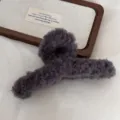 Fluffy dark grey hair claw clip detail, soft plush shark clip for thick hair, cozy winter hair accessory. - Dark Brown