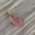 Detailed view of pink oval hair clip with gold metal details and handmade text detail. - Pink