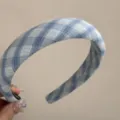 Detail shot of the blue plaid fabric headband showing retro striped pattern and soft texture - Blue Fresh Wide Headband - Large Plaid