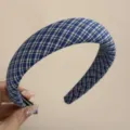 Blue plaid padded headband detail, vintage style fabric hair hoop for women daily wear. - Blue Fresh Wide Headband - Dark Blue Plaid
