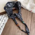 Retro paisley neck scarf and hair accessory with vintage beads, elegant decorative style. - Navy Blue