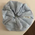 Blue and white gingham hair scrunchie detail view, soft fabric texture with handmade label. - Blue Fresh Scrunchie - Medium Plaid