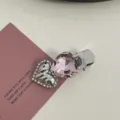 Cute Y2K pink rhinestone heart metal duckbill hair clip sweet girl side hairpin hair accessory - Pink Rhinestone - Two Hearts