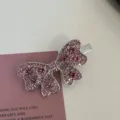 Y2K pink rhinestone bow hair clip sparkle crystal duckbill hairpin cute sweet hair accessories - Pink Rhinestone - Full Diamond Bow