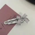 Y2K silver metal bow hair clip sweet cute side duckbill hair pin for women daily wear - Pink - Drip Oil Bow