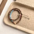 Wooden beaded bracelet double layer vintage style blue and pink charm chic jewelry for women - Square Running Ring Style