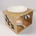 Quemador de esencias de bambu con plato de ceramica y base con diseño calado variante - Trébol de cuatro hojas