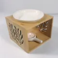 Bambus Holz Duftlampe mit weisser Keramik Schale und hohlem Blatt Design fuer Aroma Oel - Seegras-Wellen-Design