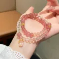 Strawberry quartz double layer crystal bracelet peach charm sweet jewelry detail view - Strawberry Quartz Peach Blossom Pendant Style