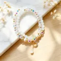 Bracelet double en pierre d'œil de chat et cristal avec pendentif lune doux pour filles. - Oeil de chat blanc + Pendentif lune