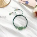 Green braided cord bracelet with gemstone Pixiu charm and gold beads handmade jewelry item - Pixiu Green Strawberry Quartz