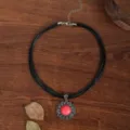Bohemian retro multi-strand black cord necklace with vintage silver flower pendant. - Sunflower Red Stone Black Cord Style (C23-631 B4-F2)