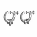 Detailed close-up of sparkling paved rhinestone screw hoop earrings with engraved metallic rings. - ER897 Screw Clip Asymmetric Pair