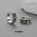 Vintage cross feather hoop earrings for men hip hop punk style silver ear studs jewelry - Flower Cross Style (ES1030)