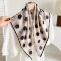 Retro polka dot floral square scarf, soft cotton linen material, elegant neck accessory. - Moonlit Lotus Pond - Beige White (Double Sided)