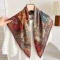 Vintage floral print square silk scarf for women, elegant neck scarf, spring autumn accessory - French Red Pomegranate Flower [Double-sided]