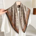 Elegant vintage brown silk square scarf for women, stylish neckerchief for spring autumn. - Western Coffee Beige Fallen Leaves (Double Sided)
