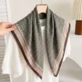 Elegant women square silk scarf with vintage geometric mosaic pattern and dark border. - Emerald Plaid [Double-sided]