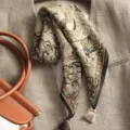 Paisley print cotton linen square scarf with tassels, elegant neckerchief for women. - Potala Paisley Camel Coffee