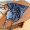 Vintage Paisley Beaded Triangle Scarf Blue Floral Cotton Linen Neckerchief Women Summer - Floral Paisley - Navy Blue