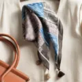 Pañuelo cuadrado vintage de lino con estampado de cachemir y borlas, elegante bufanda de mujer. - Beige Café Flecos Cuatro Palacio Paisley Azul Café