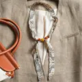 Vintage paisley print silk ribbon scarf with wooden bead decor for women spring autumn - Small Paisley Off-White
