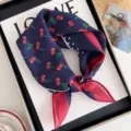 Children cotton linen square scarf with cute cherry print navy blue retro style summer bandana. - Small Cherry - Blue Red