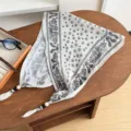 Vintage Paisley Beaded Diamond Cotton Linen Scarf Summer Thin Neck Triangular Scarf - Small Lotus Paisley - White