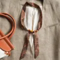 Vintage paisley print long silk scarf with wooden beads stylish neck ribbon for women spring - Small Paisley Camel
