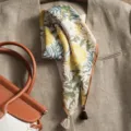 Retro floral botanical print cotton linen small square scarf with elegant tassels for women. - Beige Coffee Fringe Blooming Rose Yellow
