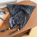 Vintage paisley print beaded triangle scarf, lightweight cotton linen neckerchief for women. - Small Lotus Paisley - Black