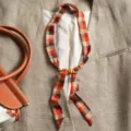 Retro plaid ribbon scarf with wooden bead decoration for women, elegant spring and autumn style. - Plain Plaid Orange Beige