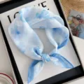 Children cute cotton linen square scarf blue floral baby bandana breathable toddler neckerchief summer - Ink Cattleya - Blue White