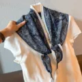 Retro navy blue paisley triangular scarf with white border and chain details for women. - Paisley Navy Blue