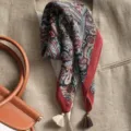 Women paisley print cotton linen small square scarf vintage bandana with tassel neckerchief - Potala Paisley Black Red