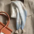 Vintage blue floral cotton linen square scarf with tassels for women, spring neck wrap. - Beige Fringe Blue Domain Daisy