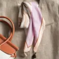 Cotton linen square scarf with floral print and tassels, retro neck scarf for women. - Beige Coffee Fringe Sketch Tulip Pink Purple