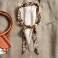 Retro leopard print silk ribbon scarf with wooden beads for women elegant neck wrap. - Snake Print Coffee Beige