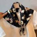 Retro black silk scarf with white horse print, lace trim and beaded tie for women summer - Red Saddle Horse / Black