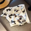 Vintage women triangle scarf with black horse print lace edge and stylish beaded design for summer. - Red Saddle Horse / White