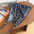 Vintage Black White Paisley Beaded Triangle Scarf Cotton Linen Hair Bandana SKU - Cherry Blossom Paisley - Black