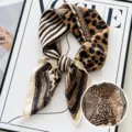 Stylish leopard and stripe print silk square scarf for women, elegant neck accessory. - Gilded Leopard - Coffee & Beige