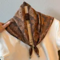 Retro brown paisley triangle scarf with delicate lace trim and trendy beaded tassel design. - Checkerboard Wreath / Brown