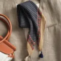 Classic paisley cotton-linen small square scarf with tassels and retro blue design variant - Gem Checkerboard Blue Beige