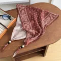 Retro paisley printed triangle scarf with beaded ends for women summer daily wear. - Small Lotus Paisley - Brown